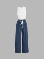 Yozy Solid Color Summer Two-Piece Pants Set – Sleeveless Vest & Wide-Leg Trousers, Fashionable Wrinkle-Free Outfit for Casual & Office Wear