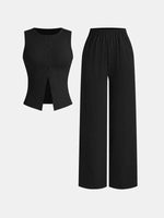 Yozy Women's Summer Thin Button Ribbed Vest Wide Leg Pants Set, Women's Ice Sense Casual Pants Set