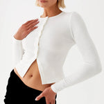 Yozy Women Crop Tops Summer Knit Ribbed Button Front Long Sleeve Shirt for Club Streetwear Aesthetic Grunge Clothes