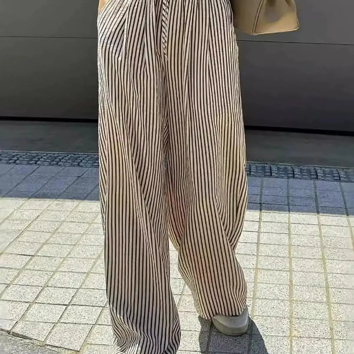 Yozy Women’s Casual Striped Straight-Leg Pants – Comfortable Polyester Trousers with Single Stripe Design for Middle-Aged Women