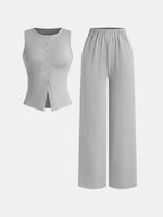 Yozy Women's Summer Thin Button Ribbed Vest Wide Leg Pants Set, Women's Ice Sense Casual Pants Set