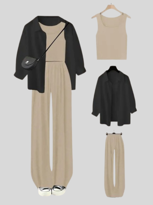 YOZY Women's Solid Button Front Shirt & Elastic Waist Pants & Tank Top Set, Casual Long Sleeve Collared Top & Trousers & Crop Top, Ladies Clothes for All Seasons, Travel