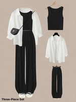 YOZY Women's Solid Button Front Shirt & Elastic Waist Pants & Tank Top Set, Casual Long Sleeve Collared Top & Trousers & Crop Top, Ladies Clothes for All Seasons, Travel